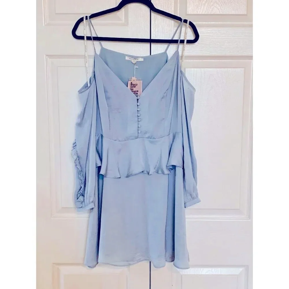 Avec Les Filles Y2K Cold Shoulder Midi Satin Dress Size L Long Sleeve‎ Ruffles